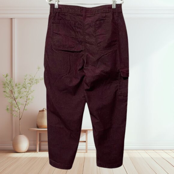 Women's New Maroon Burgundy Corduroy Straight Leg Mid Rise Cargo Utility Pants - Picture 3 of 7